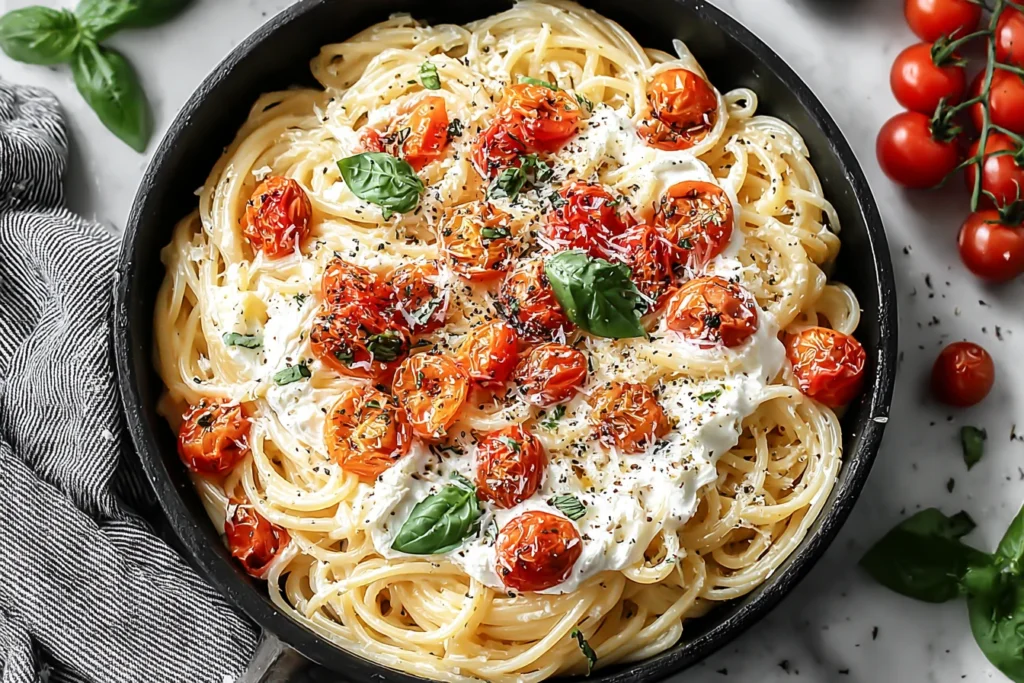 Roasted Tomato and Garlic Ricotta Pasta served with fresh basil and parmesan