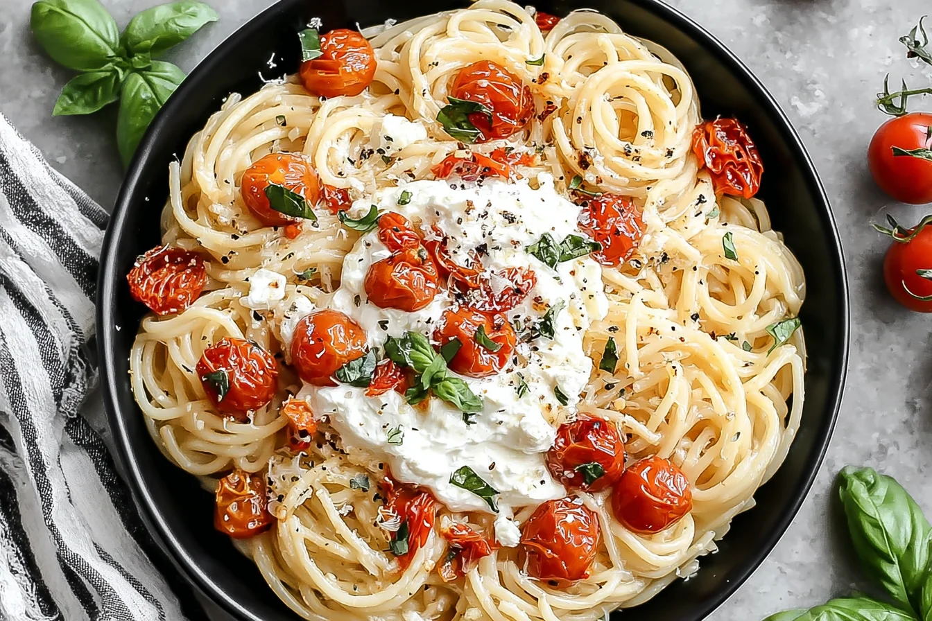 Roasted Tomato and Garlic Ricotta Pasta with creamy ricotta and blistered cherry tomatoes