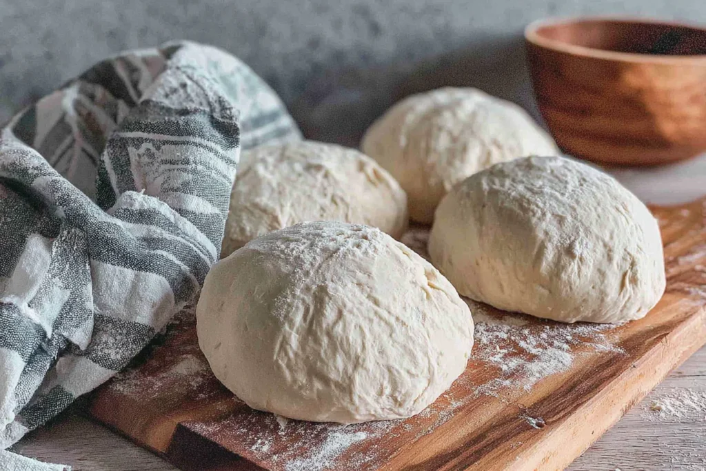 Same Day Sourdough Discard Pizza Dough Recipe dough balls resting on floured wooden board