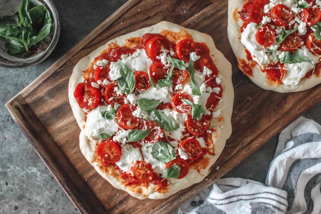 Same Day Sourdough Discard Pizza Dough Recipe topped with tomatoes cheese and basil before baking