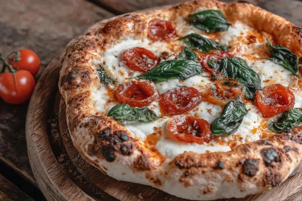 Same Day Sourdough Discard Pizza Dough Recipe baked pizza with crispy crust and melted cheese