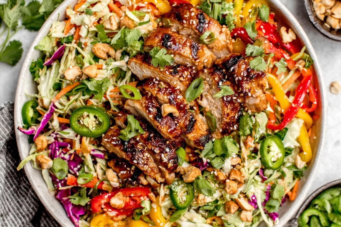 Colorful Sesame Chicken Cabbage Crunch Salad with bell peppers, cashews, and sesame seeds