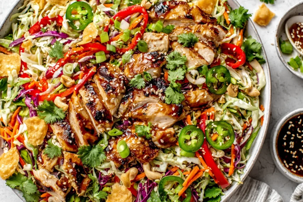 Close-up of Sesame Chicken Cabbage Crunch Salad with cilantro, jalapeños, and crunchy toppings