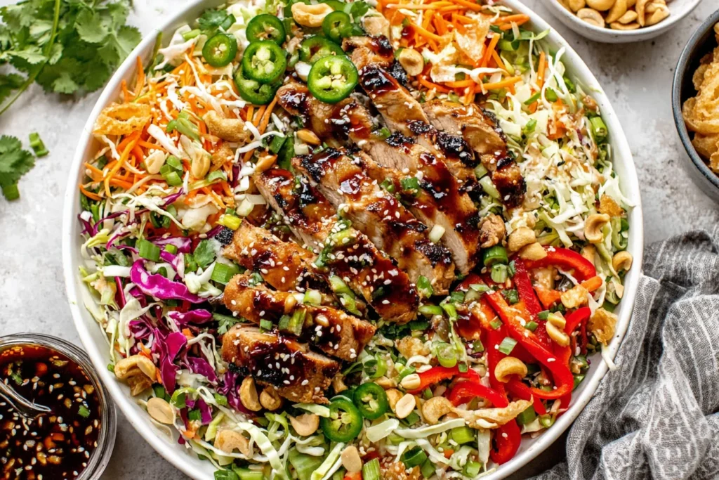 Sesame Chicken Cabbage Crunch Salad with grilled chicken, cabbage, carrots, and sesame dressing