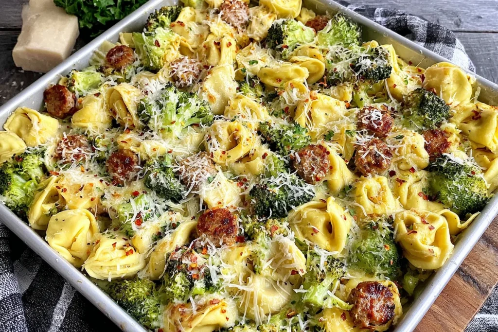 Golden Sheet Pan Broccoli Tortellini Bake with roasted broccoli, sausage, and parmesan topping