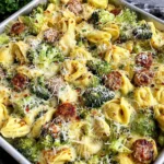 Golden Sheet Pan Broccoli Tortellini Bake with roasted broccoli, sausage, and parmesan topping