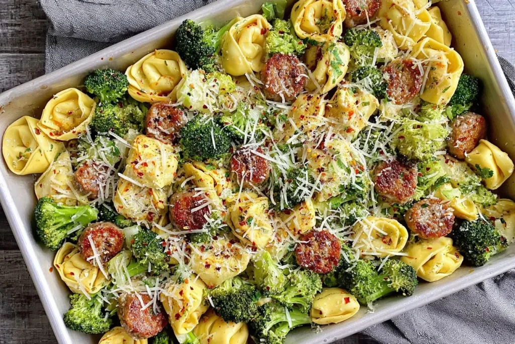 Sheet Pan Broccoli Tortellini Bake with chicken sausage, roasted broccoli, and parmesan cheese on a sheet pan