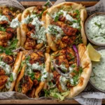 Sheet Pan Chicken Pitas with Herby Ranch topped with grilled chicken and creamy herb dressing