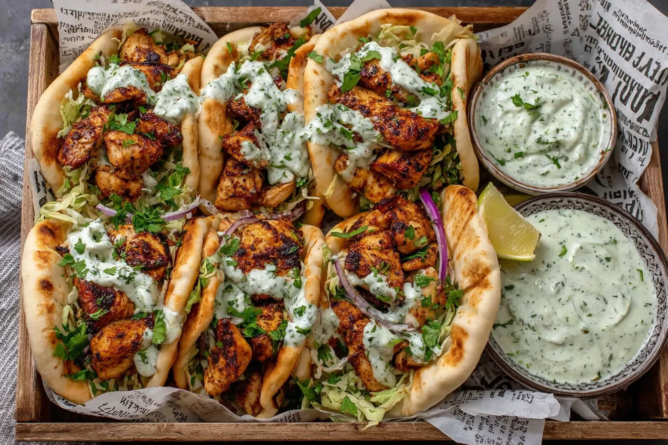 Sheet Pan Chicken Pitas with Herby Ranch topped with grilled chicken and creamy herb dressing