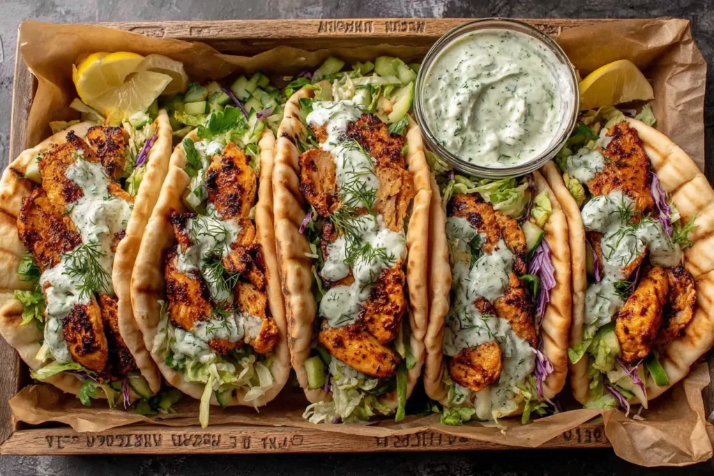 Sheet Pan Chicken Pitas with Herby Ranch served with grilled chicken, fresh veggies, and creamy herb sauce