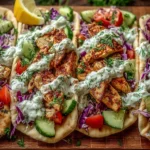 Sheet Pan Chicken Pitas with cucumber tomato and cabbage slaw served in warm pita bread