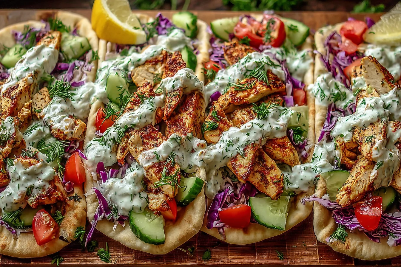 Sheet Pan Chicken Pitas with cucumber tomato and cabbage slaw served in warm pita bread