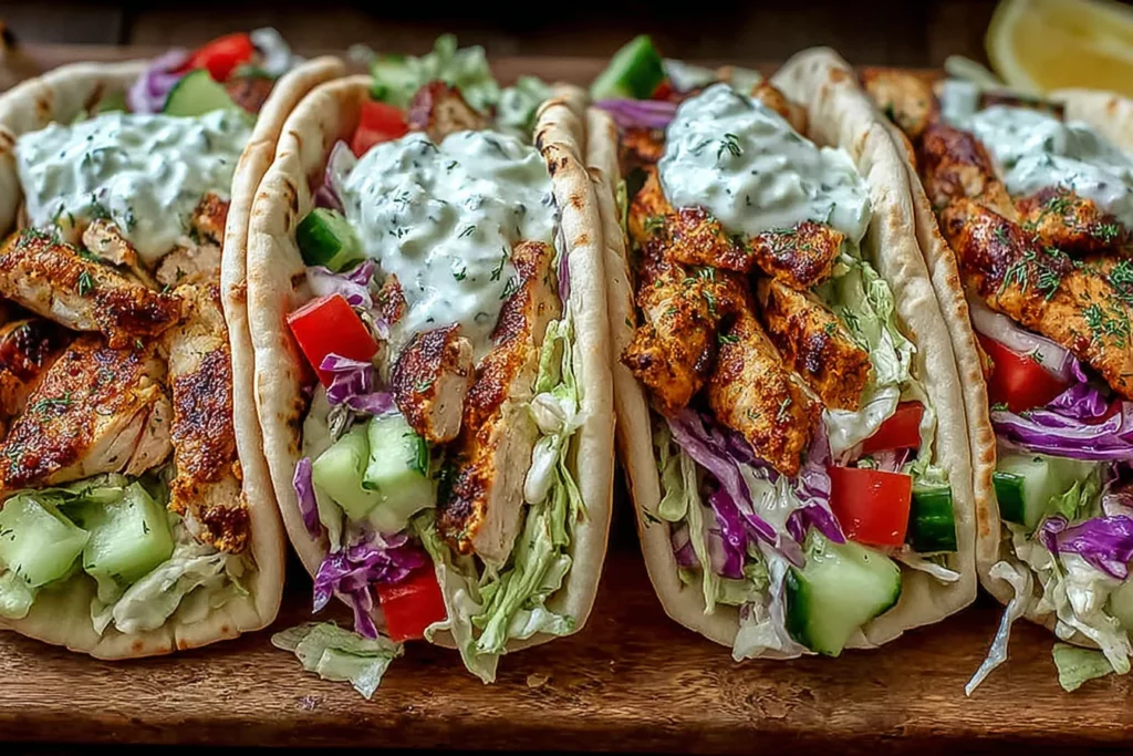 Sheet Pan Chicken Pitas with creamy herb slaw and fresh vegetables partially visible behind layered screen content