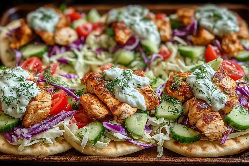 Sheet Pan Chicken Pitas displayed on a laptop screen with fresh toppings and colorful herb slaw