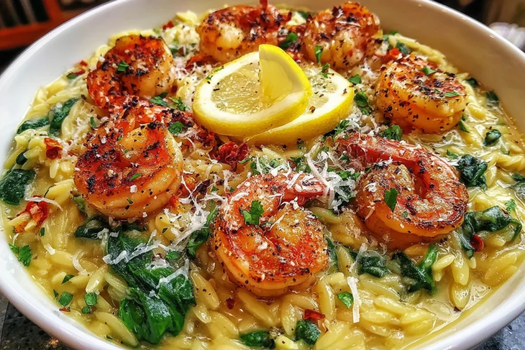 Shrimp Orzo In Lemon Garlic Sauce served with spinach, chili flakes, and lemon slices