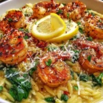 Shrimp Orzo In Lemon Garlic Sauce served with spinach, chili flakes, and lemon slices