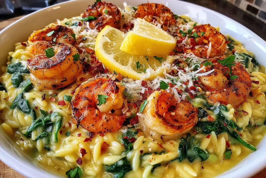 Shrimp Orzo In Lemon Garlic Sauce with seared shrimp, spinach, and Parmesan