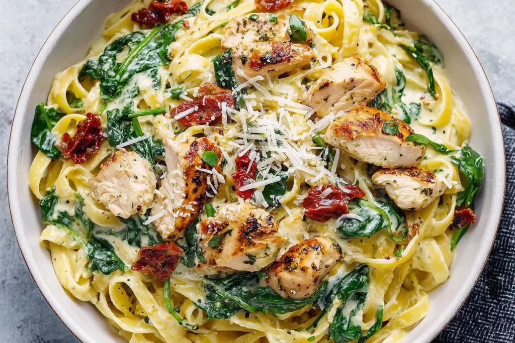 Simple Creamy Chicken Pesto Pasta with Spinach served with grilled chicken and sun-dried tomatoes