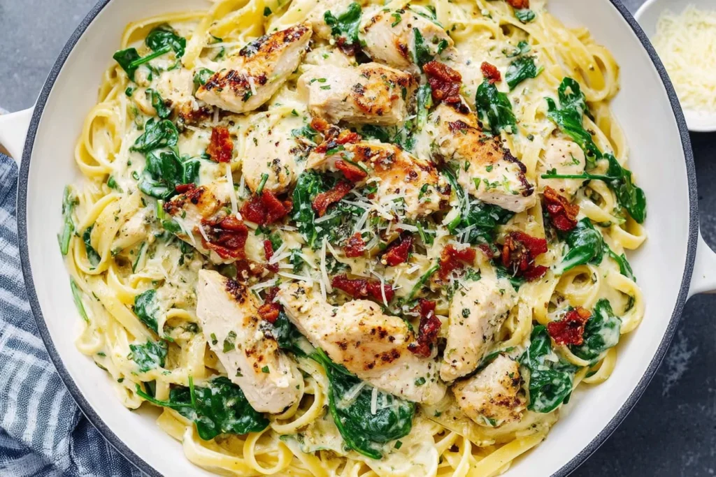Simple Creamy Chicken Pesto Pasta with Spinach in skillet with parmesan and sun-dried tomatoes