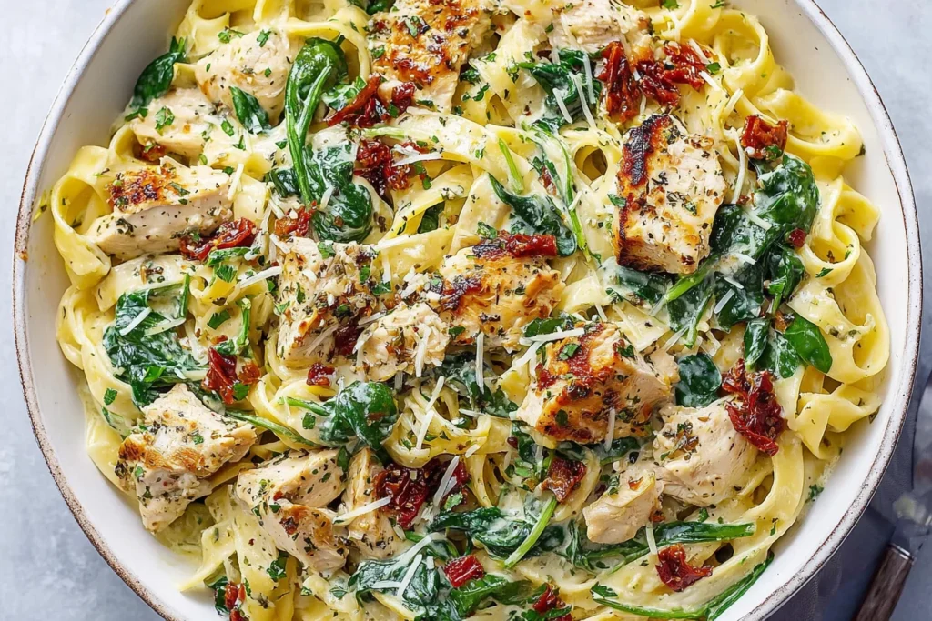 Simple Creamy Chicken Pesto Pasta with Spinach in a creamy pesto sauce with spinach and herbs