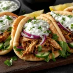 Crock pot chicken gyros in pita bread topped with tzatziki sauce, red onions and cucumbers