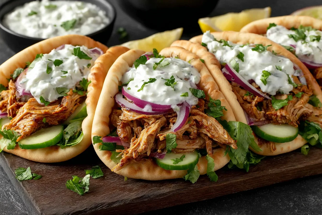 Crock pot chicken gyros in pita bread topped with tzatziki sauce, red onions and cucumbers