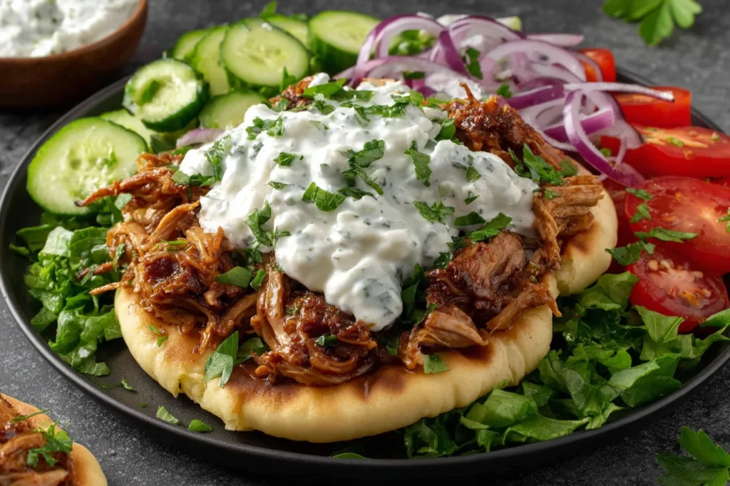 Crock pot chicken gyros served on warm pita with tzatziki sauce, cucumbers and fresh salad