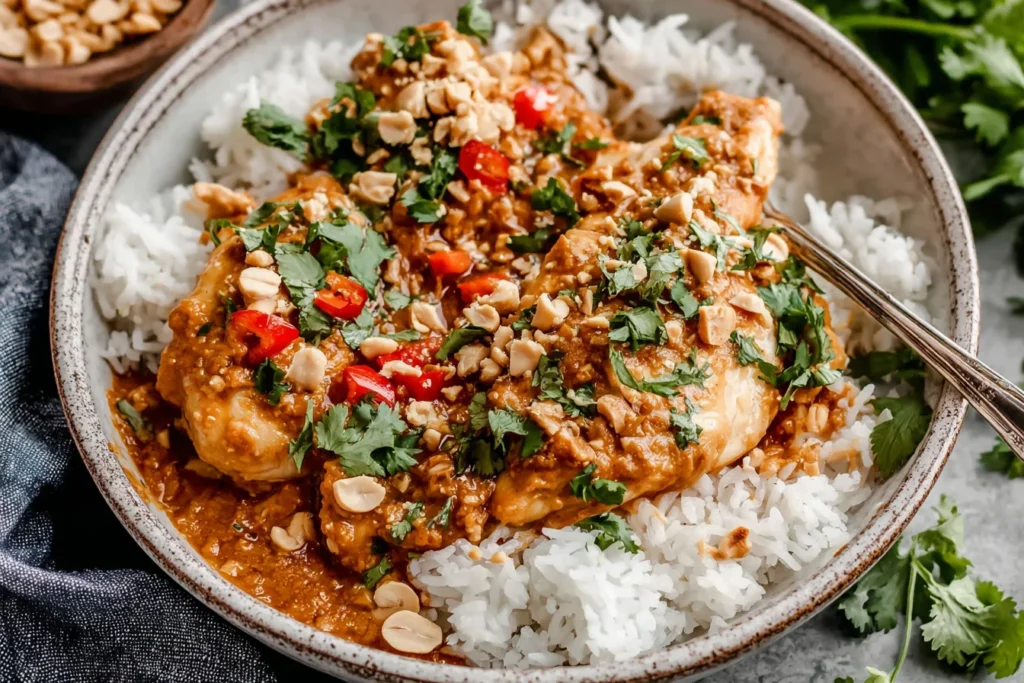Slow Cooker Peanut Chicken plated with rice, peanuts, and fresh cilantro garnish