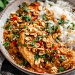 Slow Cooker Peanut Chicken served over white rice with chopped peanuts and cilantro