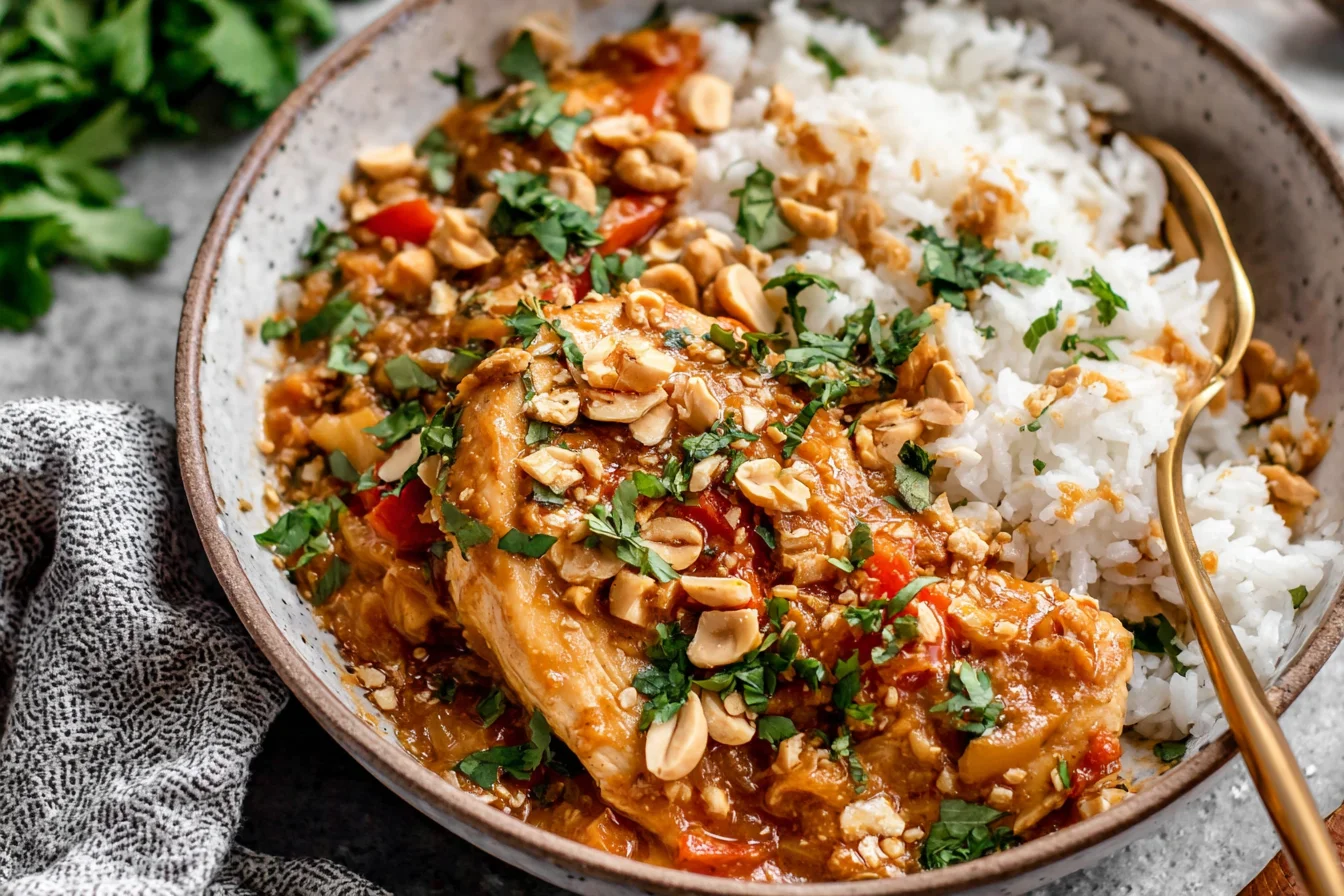 Slow Cooker Peanut Chicken served over white rice with chopped peanuts and cilantro
