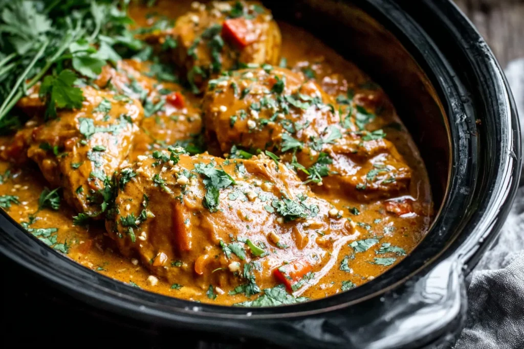 Slow Cooker Peanut Chicken in crockpot with creamy peanut sauce and fresh cilantro
