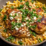 Slow Cooker Mexican Street Corn Chicken topped with cotija cheese and cilantro in a creamy corn base