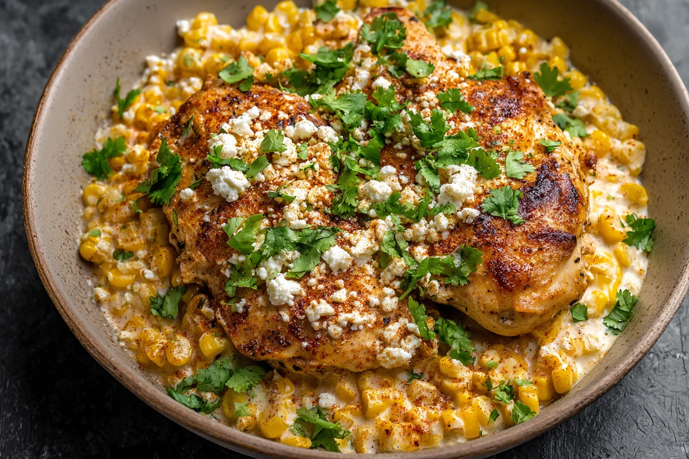 Slow Cooker Mexican Street Corn Chicken topped with cotija cheese and cilantro in a creamy corn base