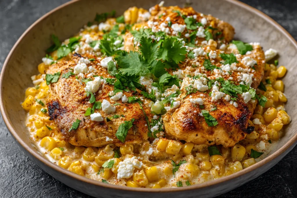 Slow Cooker Mexican Street Corn Chicken with creamy corn, cotija cheese, and fresh cilantro