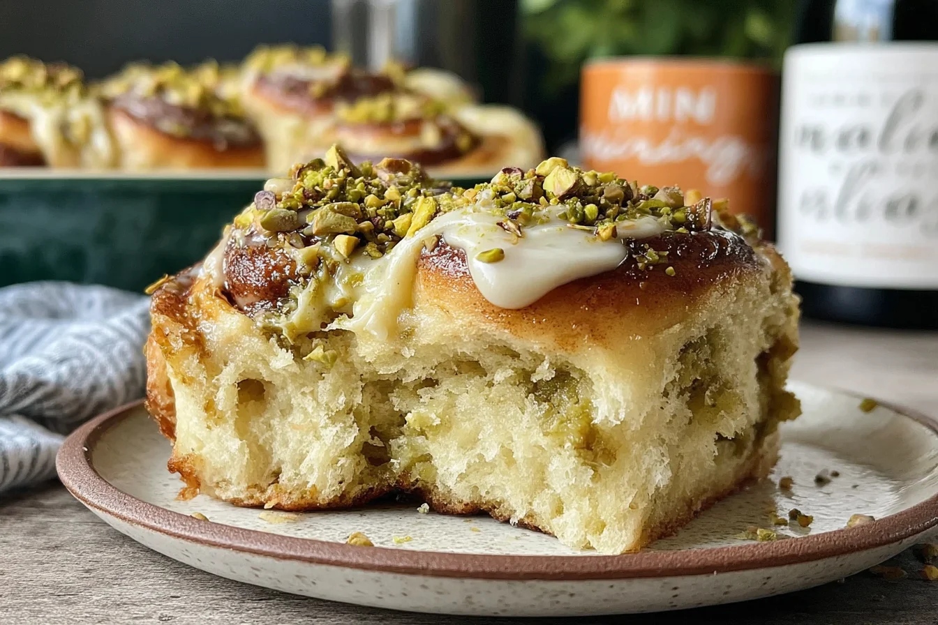 Small Batch Pistachio Cream Cinnamon Rolls soft interior texture with pistachio filling