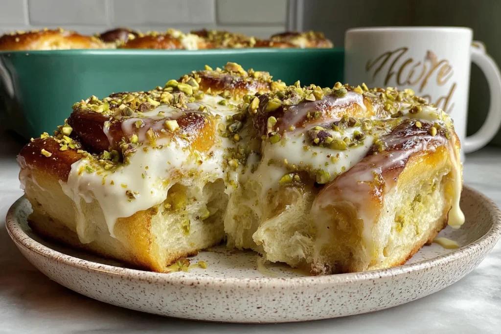 Small Batch Pistachio Cream Cinnamon Rolls with cream cheese icing and chopped pistachios