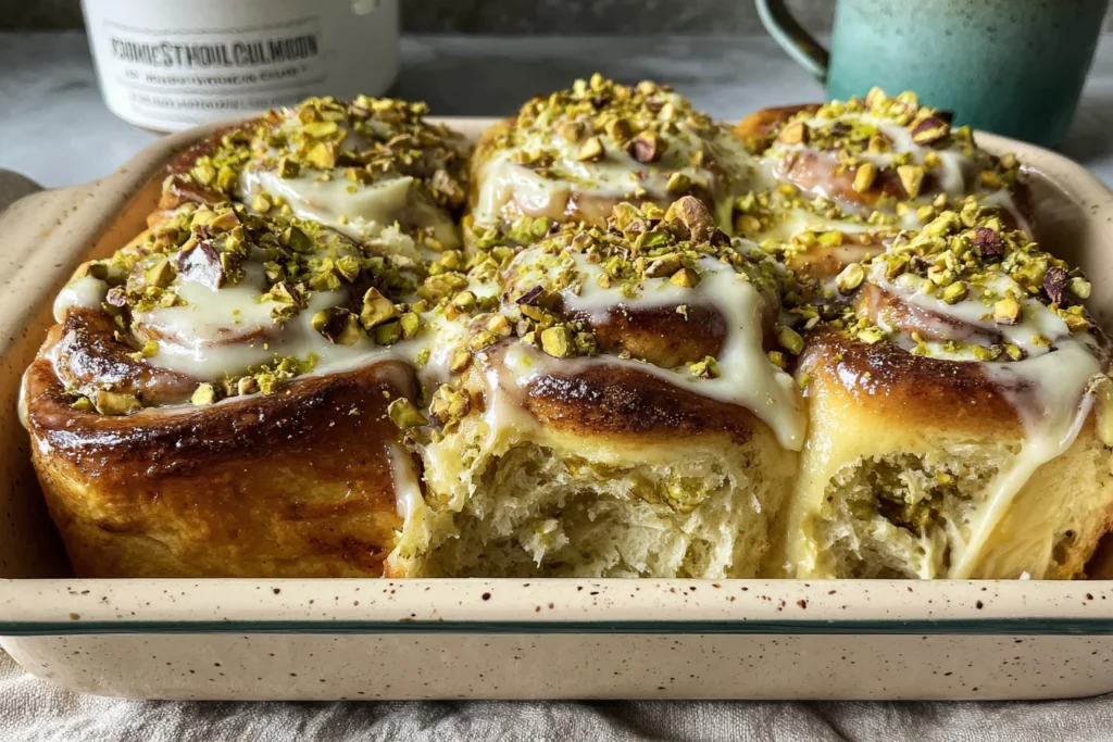 Small Batch Pistachio Cream Cinnamon Rolls baked in dish with icing and pistachio topping