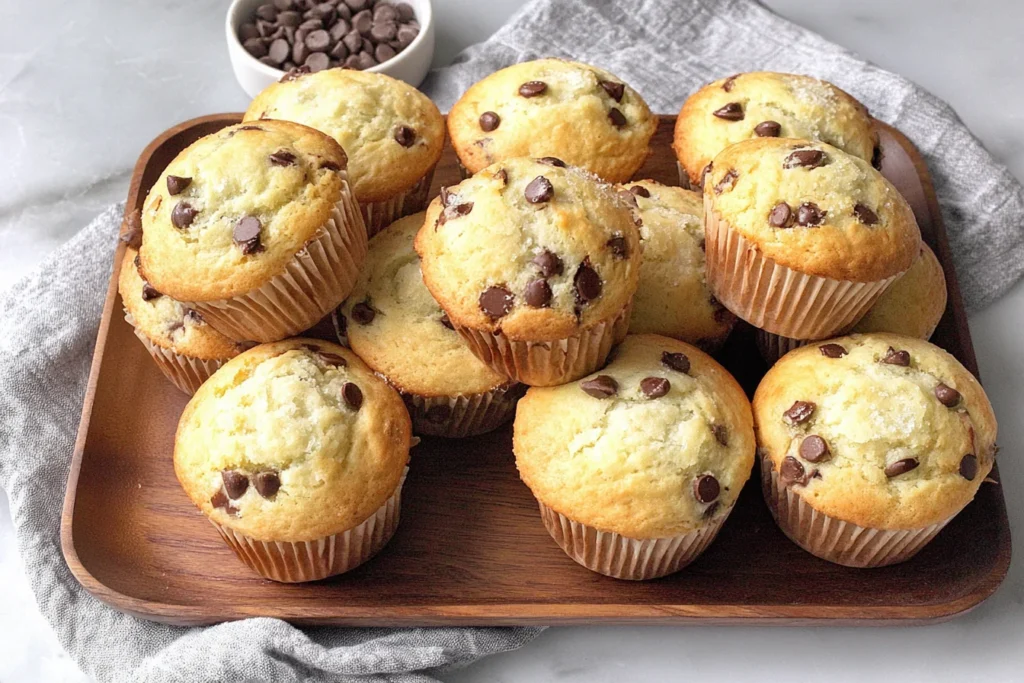 Soft and fluffy Sourdough Chocolate Chip Muffins inside with moist crumb and chocolate chunks