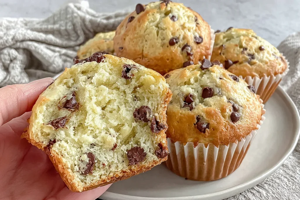 Sourdough Chocolate Chip Muffins with golden tops and melted chocolate chips fresh from the oven