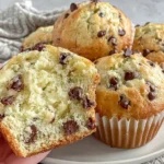 Sourdough Chocolate Chip Muffins with golden tops and melted chocolate chips fresh from the oven