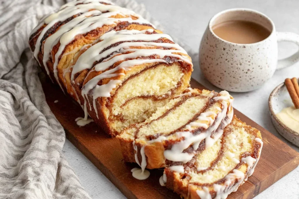 Homemade Sourdough Discard Cinnamon Bread loaf with icing drizzle and visible swirl layers