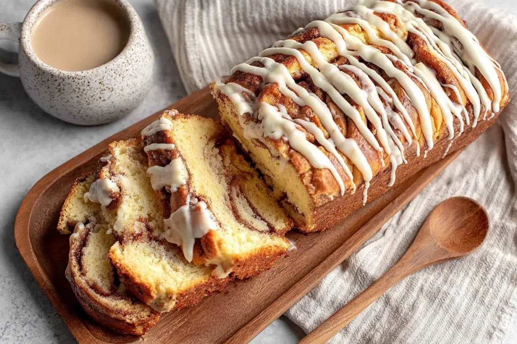 Close-up of Sourdough Discard Cinnamon Bread slices with cinnamon swirl and icing drizzle