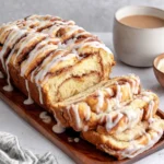 Sourdough Discard Cinnamon Bread sliced with glaze on top served with coffee
