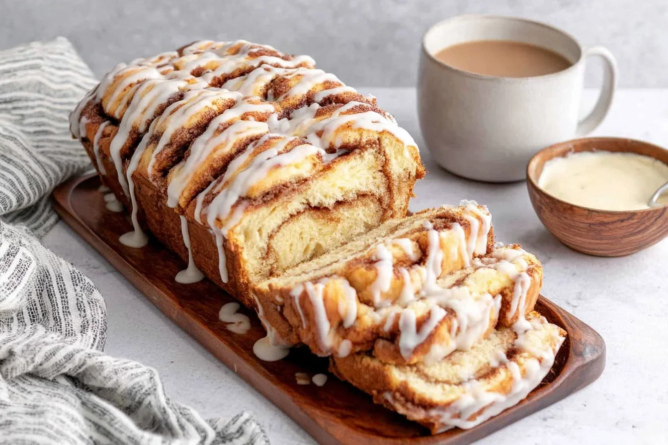 Sourdough Discard Cinnamon Bread sliced with glaze on top served with coffee