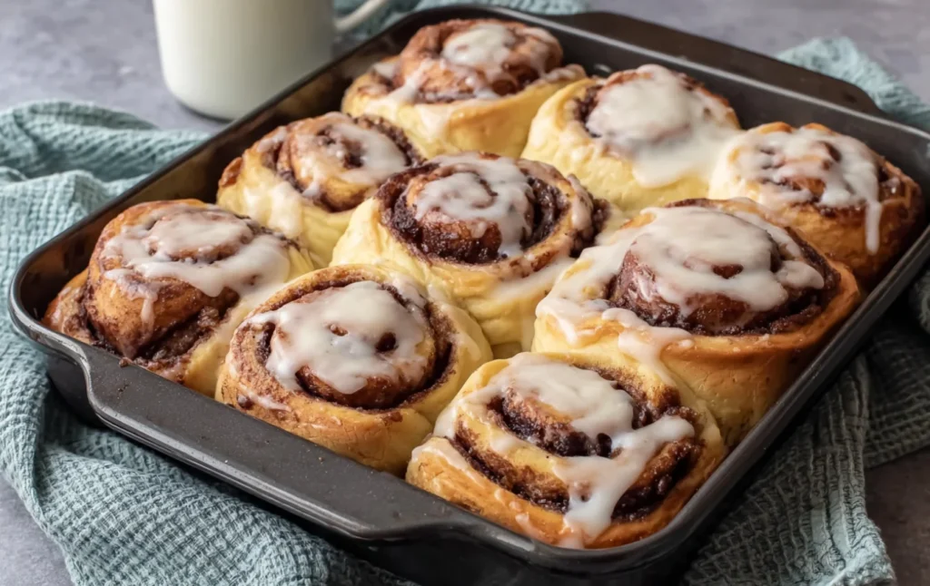 Golden Sourdough Discard Cinnamon Rolls in pan topped with vanilla glaze