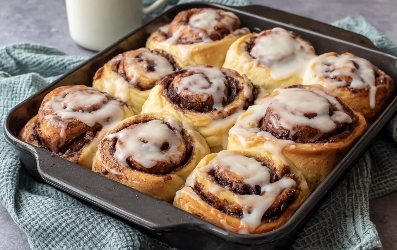 Golden Sourdough Discard Cinnamon Rolls in pan topped with vanilla glaze
