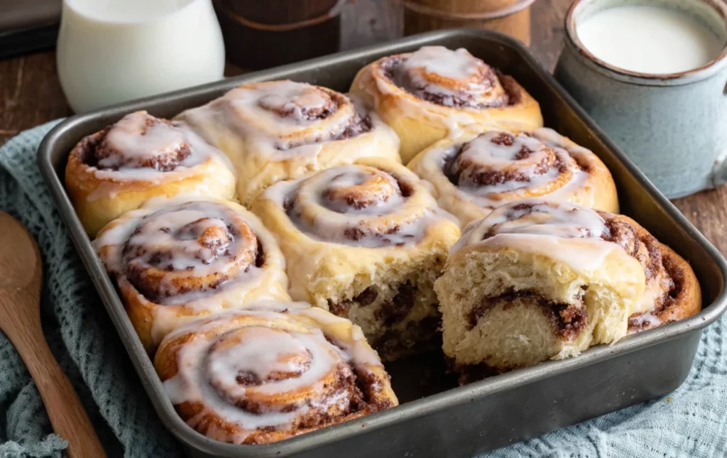 Sourdough Discard Cinnamon Rolls in baking pan with one roll pulled apart showing soft texture