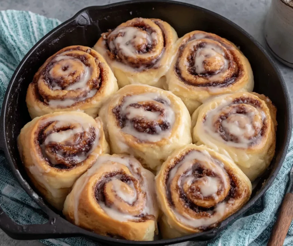 Sourdough Discard Cinnamon Rolls baked in a skillet with creamy glaze on top