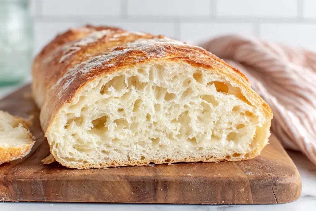 Rustic Sourdough Discard French Bread loaf on wooden board