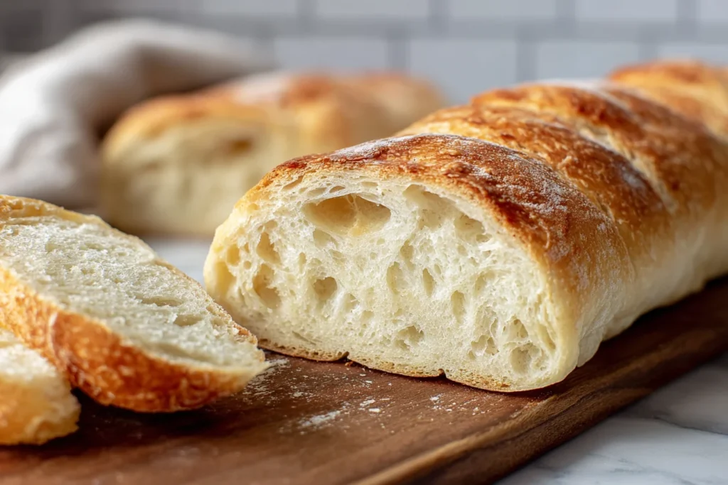 Sourdough Discard French Bread sliced with airy crumb and crispy crust